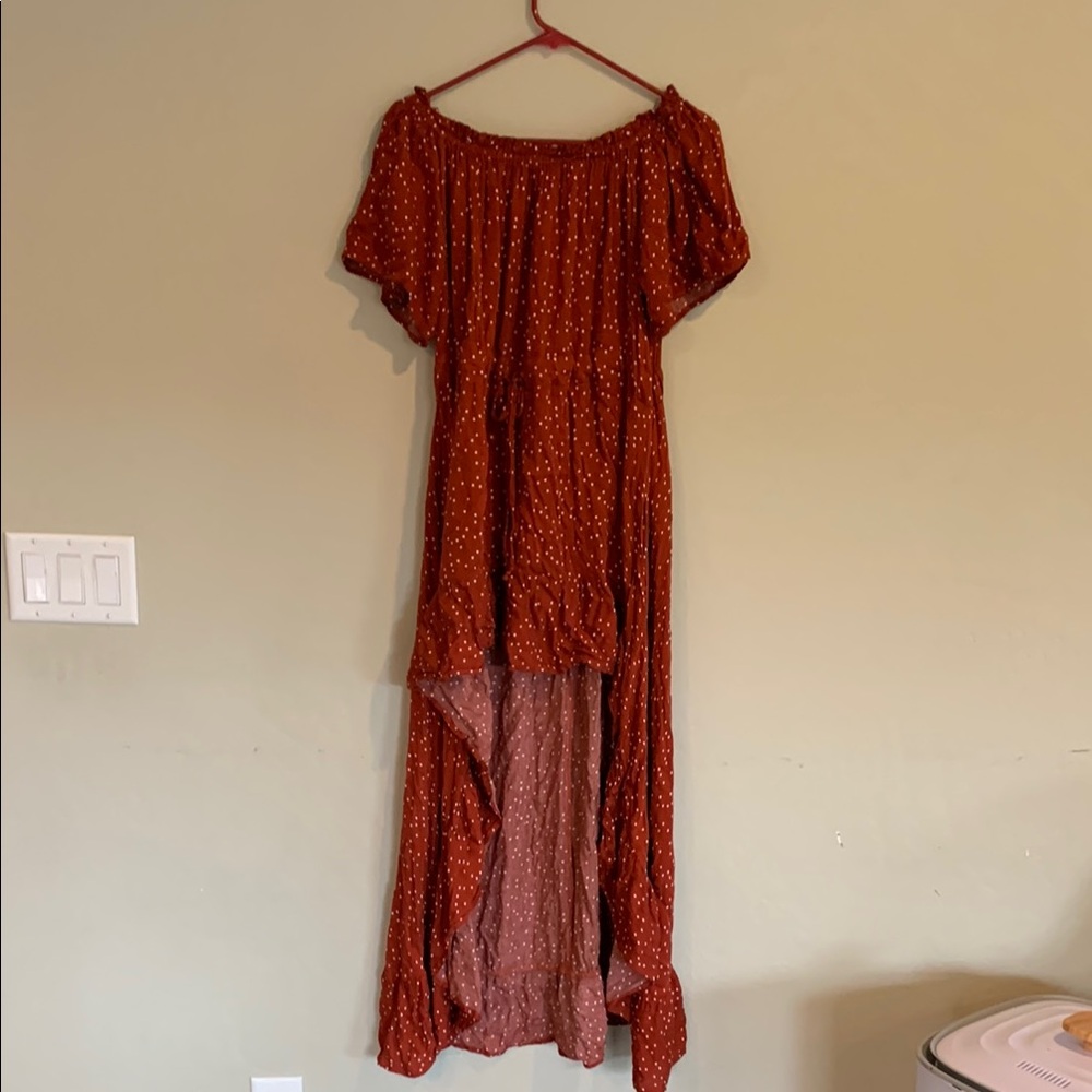 Bohemian Polka Dot VICI Dress Rust Red Off-Shoulder Dress Womens Size L High Low